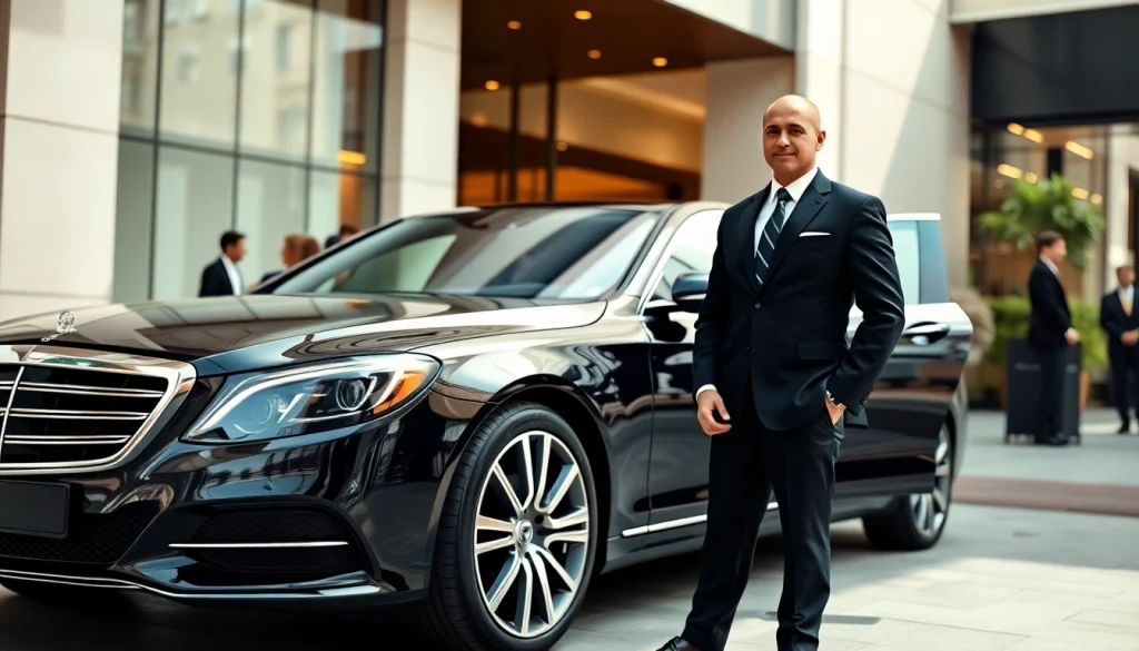 Engaging Chauffeur Hire service with a luxury vehicle showcased in a bustling city setting.