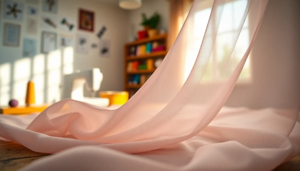 Mousseline stof met delicate textuur op een houten tafel in een professioneel atelier.