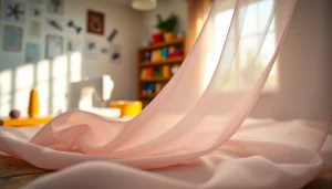 Mousseline stof met delicate textuur op een houten tafel in een professioneel atelier.