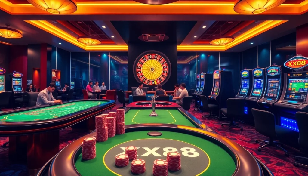 Engage with the exciting atmosphere of XX88 casino featuring poker games and vibrant slot machines.