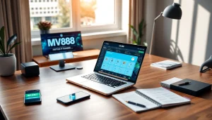 MV88 app interface on a modern workspace, showcasing USDT transactions and digital marketing.