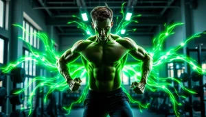 Engaging athlete demonstrates impact of 888 new supplements in an energetic gym setting.