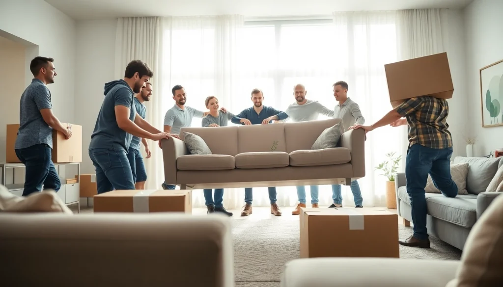 Toronto movers expertly handling furniture in a bright living room, showcasing teamwork and professionalism.