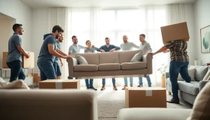Toronto movers expertly handling furniture in a bright living room, showcasing teamwork and professionalism.