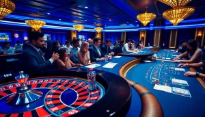 Engaging casino scene showcasing Top 10 Nhà Cái Uy Tín players enjoying vibrant roulette and blackjack tables.