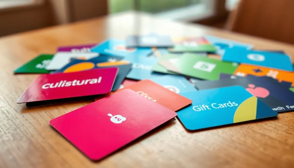 나무 테이블 위에 다채로운 상품권카드가 배열된 모습으로 탐험을 초대합니다.