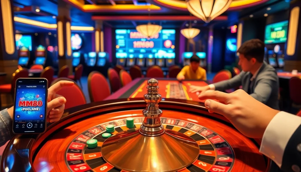 A player engages with the mm88 app on a smartphone at a casino table filled with colorful chips.