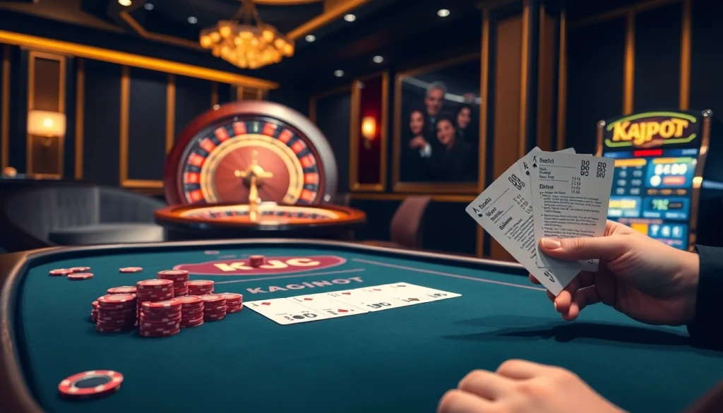 KJC poker table with colorful chips and cards, capturing the excitement of a casino.
