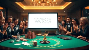 Trải nghiệm các trận chơi game trực tuyến đầy cảm xúc với liên kết truy cập W88 hiển thị trên các yếu tố casino sang trọng.