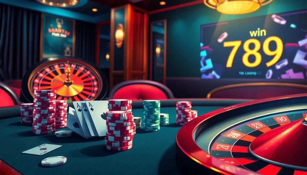 Experience the thrill of 789 win at a luxurious casino, showcasing poker, roulette, and online betting.