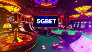 Experience thrilling bets at 5GBET casino with vibrant tables, slots, and lively gamblers.