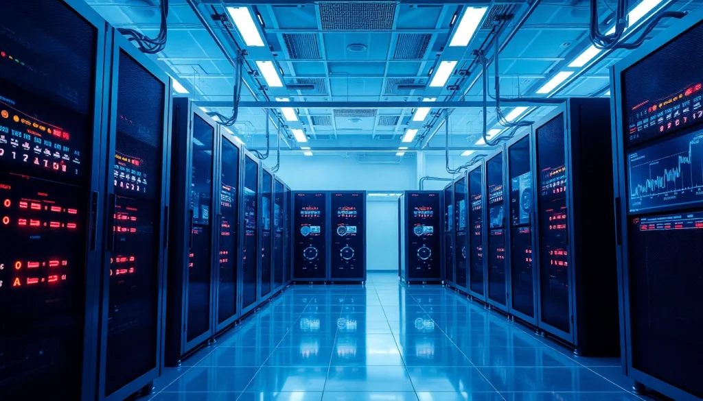 Cloud mining app technology showcased in a modern facility with advanced servers and real-time analytics.