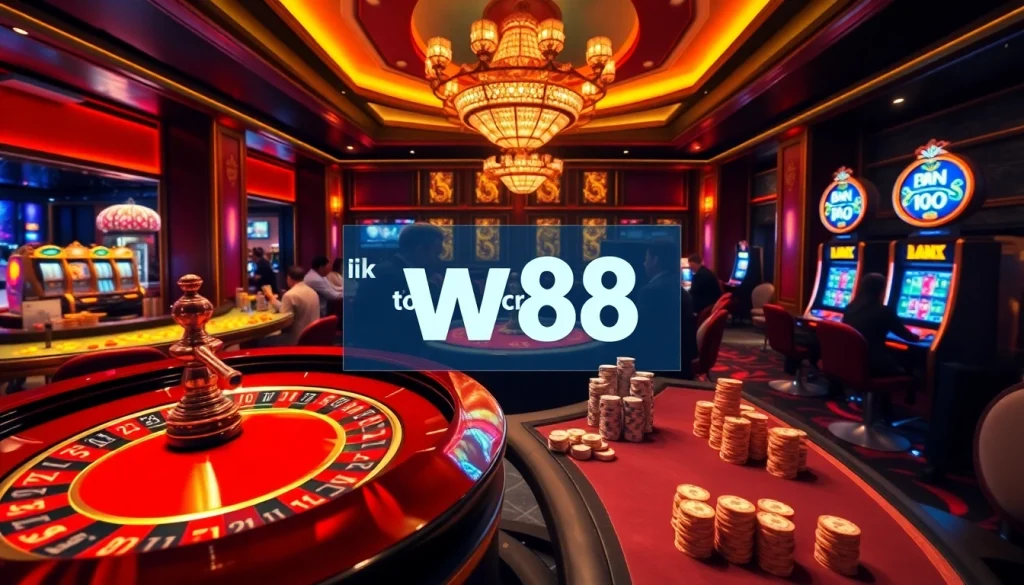 Engage with the thrill of gambling at W88 with exciting casino visuals featuring a roulette wheel and lively players.