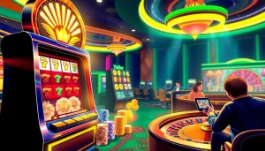 Rasakan sensasi masuk ke Dewanaga89 slot login dengan adegan kasino yang menarik yang menampilkan mesin slot dan roulette.