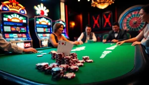 Exciting poker game at 67bet casino with vibrant chips and casino tables.
