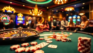 F8beta2.support players enjoying thrilling casino games with poker chips and roulette.