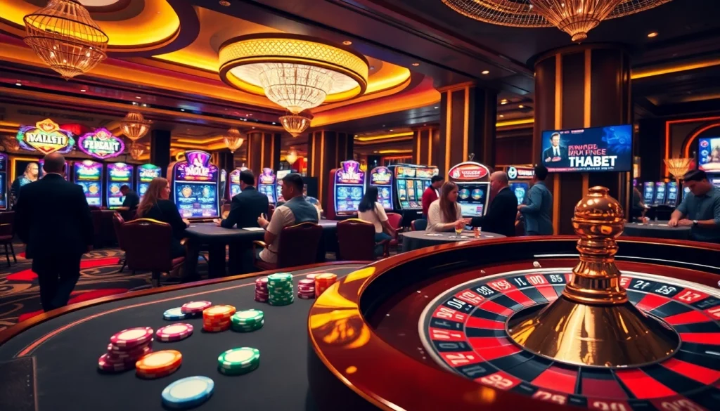 Gamble at a luxurious casino scene at https://thabetc.net/ featuring poker chips and slot machines.