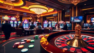 Gamble at a luxurious casino scene at https://thabetc.net/ featuring poker chips and slot machines.