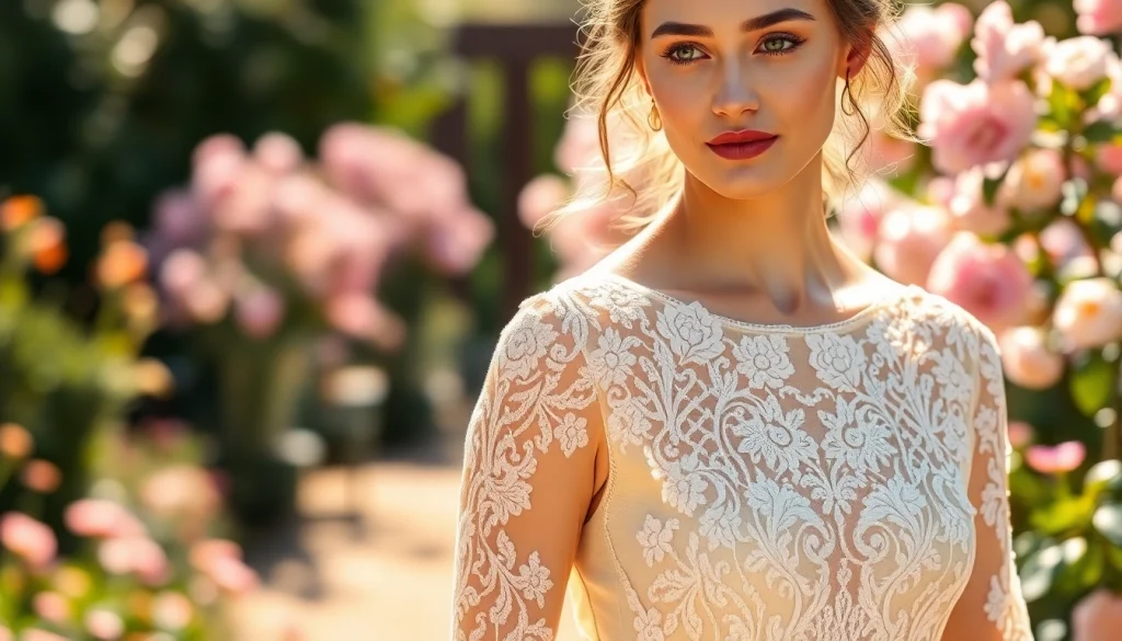 Rivelle dress showcasing intricate lace details in a charming garden setting.