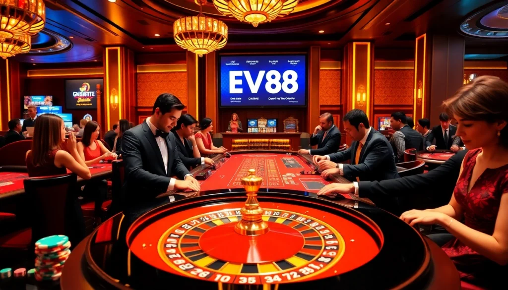 Players engaged at an EV88 roulette table, capturing the thrill of casino gaming.