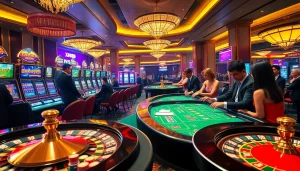 Gamblers enjoying the excitement at XN88 casino in a luxurious setting with vibrant gaming elements.
