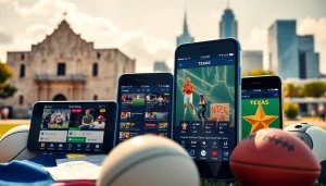 Showcasing sports betting apps Texas on mobile devices against a vibrant Texas skyline.