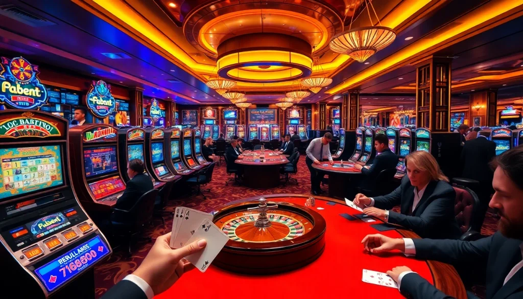 Players enjoying an engaging casino experience at f168 com with slot machines and poker tables.