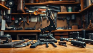 Inspecting forced reset trigger components in a detailed gunsmith workspace.