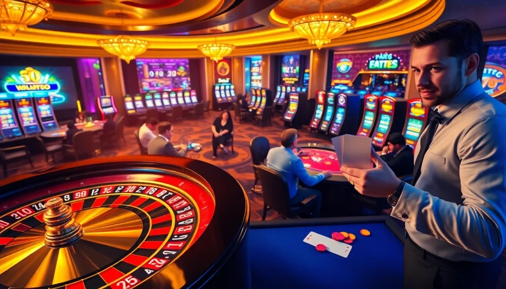 A thrilling casino environment showcasing various games and activities at https://789betg.com/, highlighting poker and roulette.