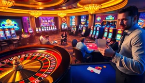 A thrilling casino environment showcasing various games and activities at https://789betg.com/, highlighting poker and roulette.