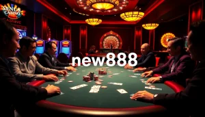 Players engage at a poker table filled with chips, capturing the excitement of new888 gambling.