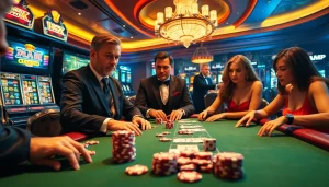 Exciting gambling scene with participants engaged in a strategic game using 상품권카드 at a lavish casino.