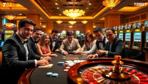 A vibrant casino scene showcasing 789BET gaming excitement with poker chips, cards, and roulette.