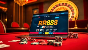 RR88 engaging players at a luxurious poker table with vibrant casino elements