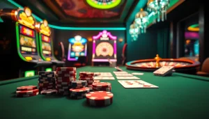 Experience the excitement of shbet casino gaming with vibrant poker chips and roulette.