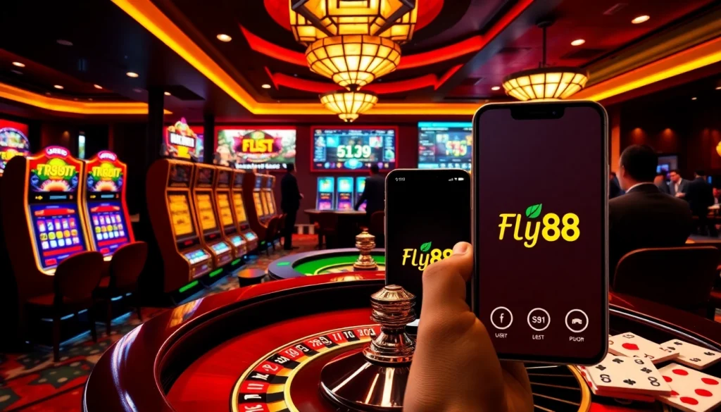 Thrilling gameplay at Fly88 casino with vibrant slot machines and exciting live betting interfaces.