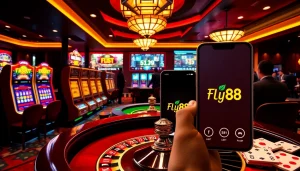 Thrilling gameplay at Fly88 casino with vibrant slot machines and exciting live betting interfaces.