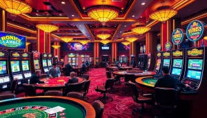 Exciting gambling scene at UU88 featuring vibrant casino tables and slot machines.