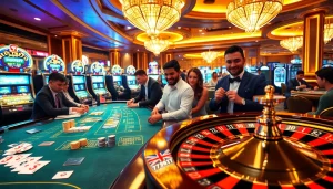 Casino players at 67bet enjoying strategic games with cards and chips.