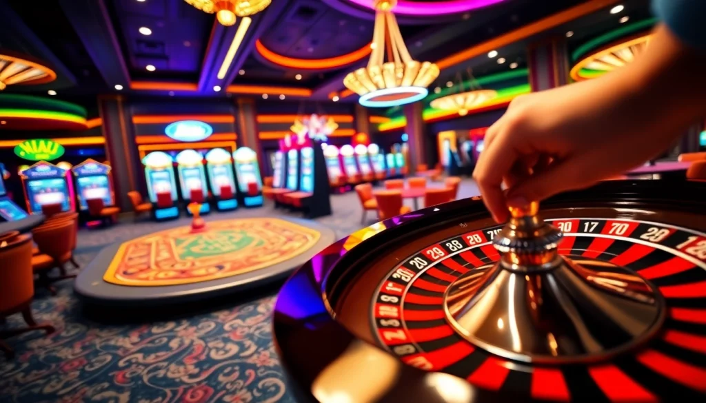 Experience the excitement of NOHU90 with vibrant gaming elements, including poker chips and a roulette wheel.