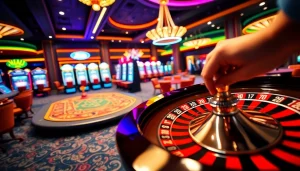 Experience the excitement of NOHU90 with vibrant gaming elements, including poker chips and a roulette wheel.