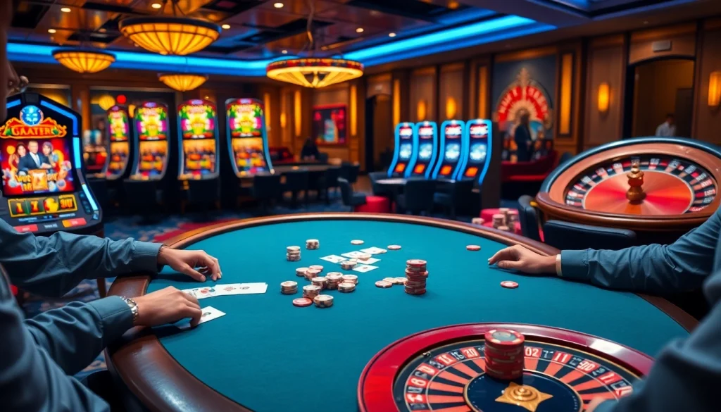 Experience high-stakes gaming action at nohu90 with an exciting casino setup featuring lively tables and vibrant slots.