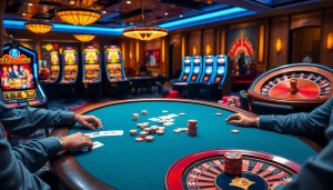 Experience high-stakes gaming action at nohu90 with an exciting casino setup featuring lively tables and vibrant slots.