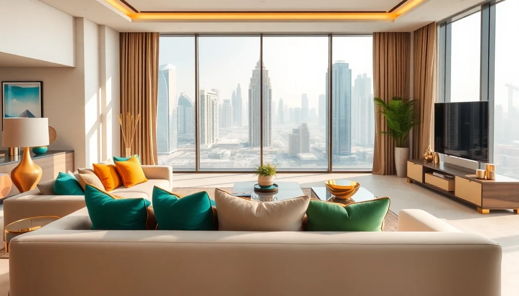 Explore luxurious living room interior design dubai with sleek furniture and skyline views.