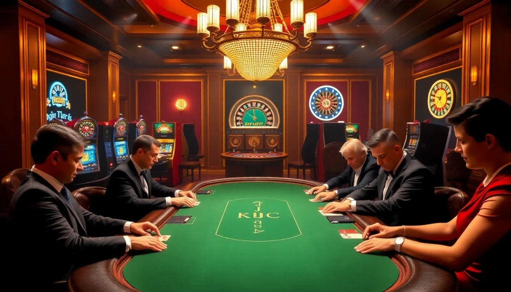 KJC high-stakes casino poker game scene with elegantly dressed players and vibrant decor.
