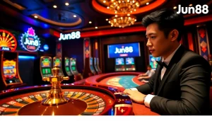 Experience luxury gaming at Jun88 with vibrant slot machines and an exciting baccarat table.