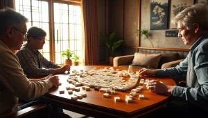 Permainan demo mahjong yang seru dengan pemain aktif di meja yang hangat.