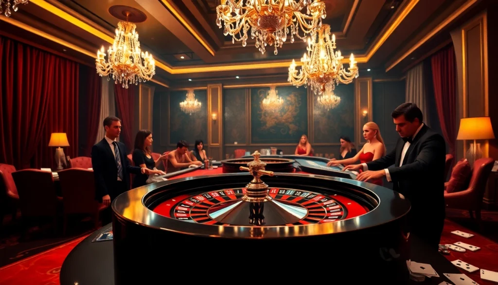 Experience the excitement of gambling at https://kjc.onl/ with a luxurious roulette table scene.