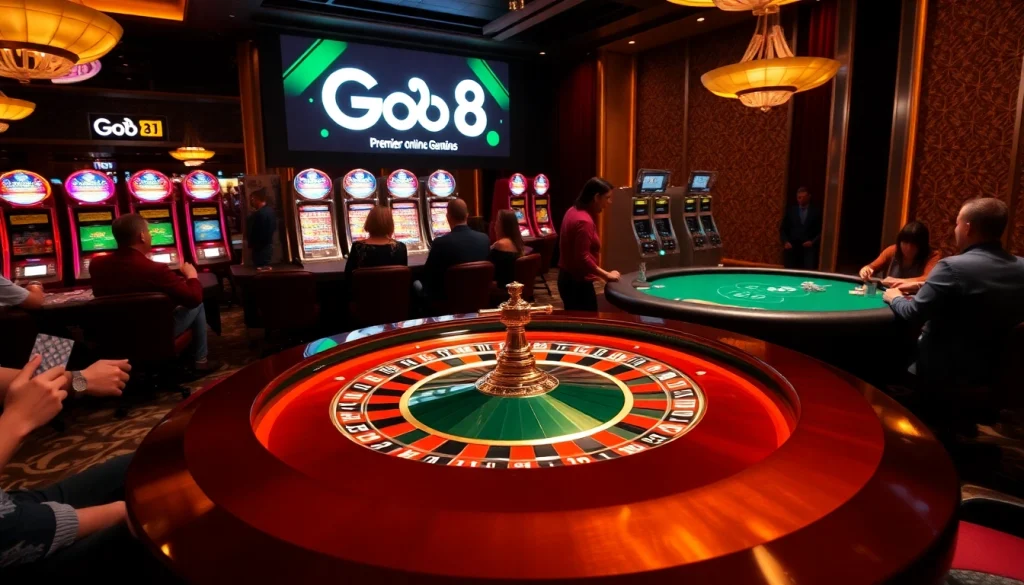 Players enjoy a thrilling game of roulette at Go8 Casino, surrounded by vibrant slot machines and poker tables.