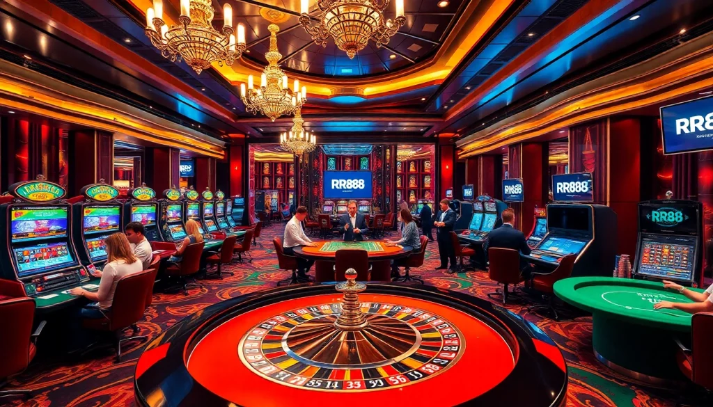 Experience the excitement of RR88 in a luxurious casino setting with players at roulette tables.